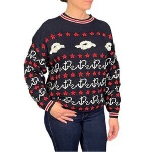 Vintage Nautical Anchors Knots Crew Ramie Chunky Knit Sweater Size Large